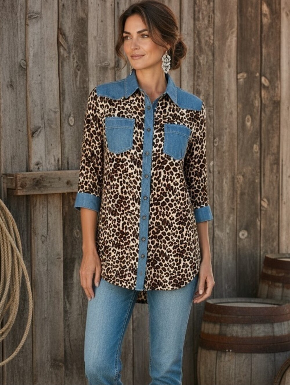 Grace & Emma Leopard Print & Denim Western Style Blouse
